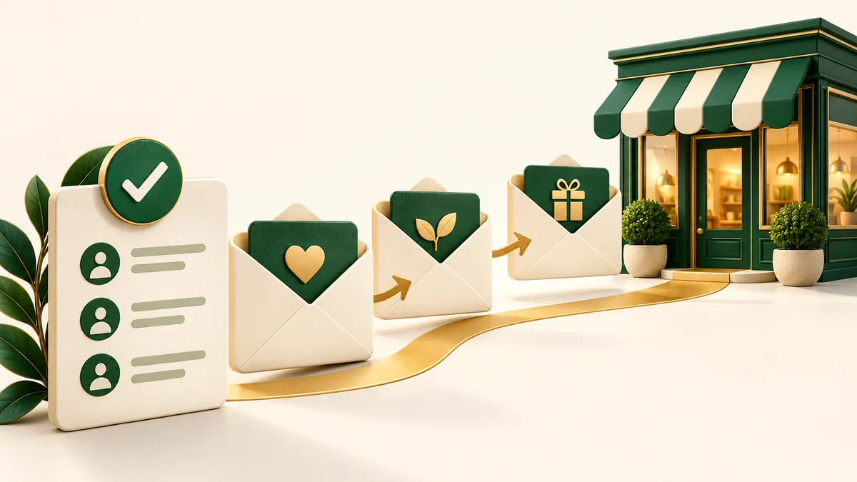 A sequence of three email envelopes leading toward a storefront with a consent checkmark.