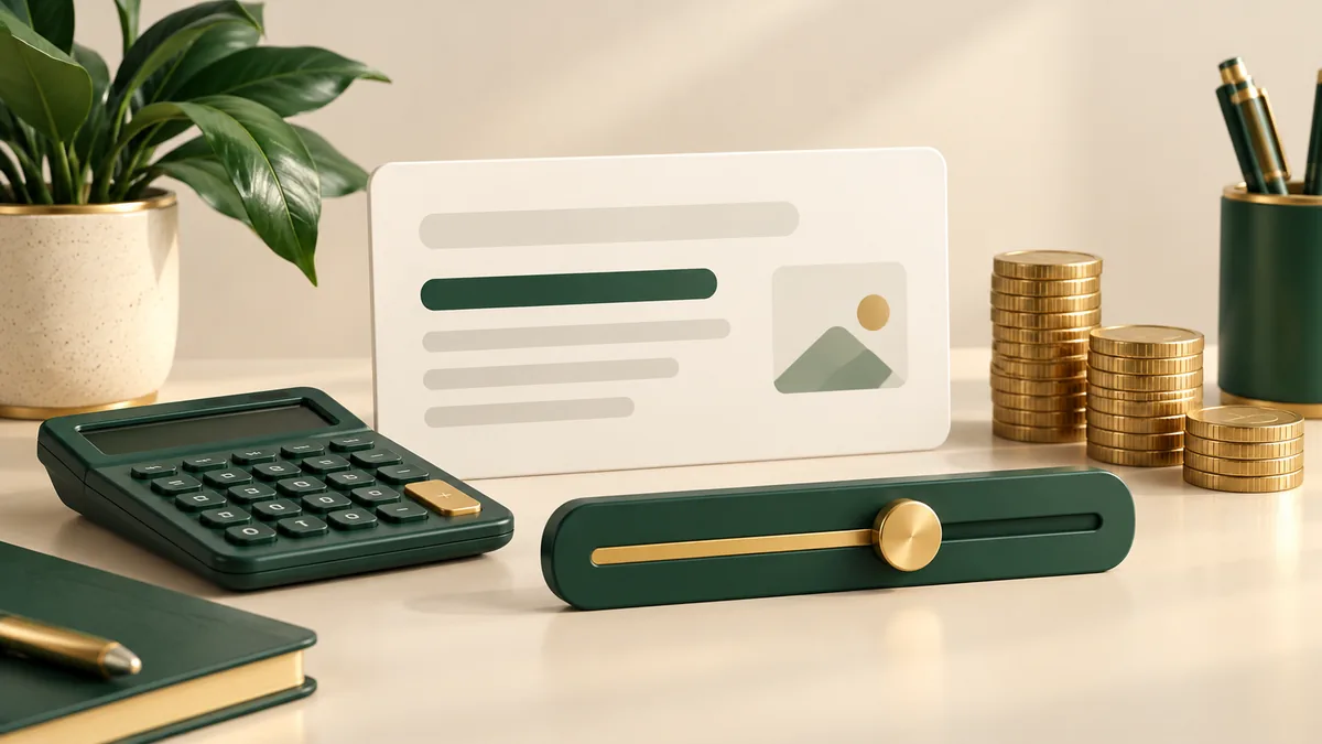 A calculator, coins and an advertising card arranged around a budget planning slider.