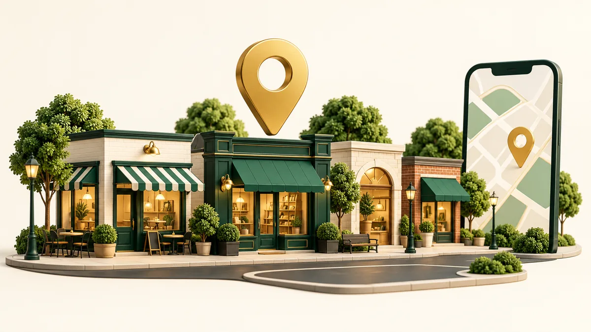 A neighborhood storefront and map pin beside a mobile map, illustrating local business discovery.