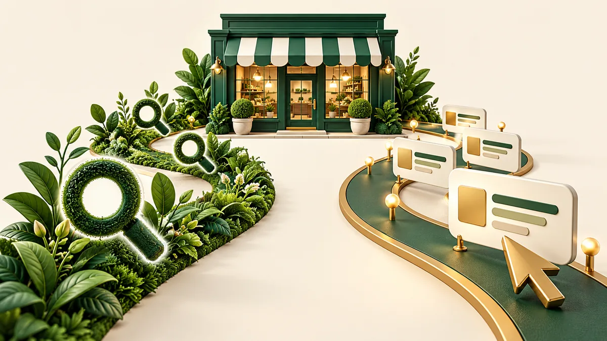 Two different marketing paths leading toward a storefront, representing organic search and paid advertising.