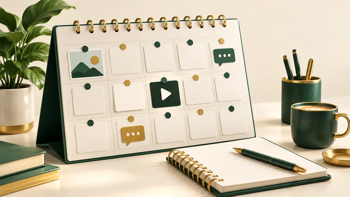 A content calendar with photo, video and conversation cards beside a planning notebook.