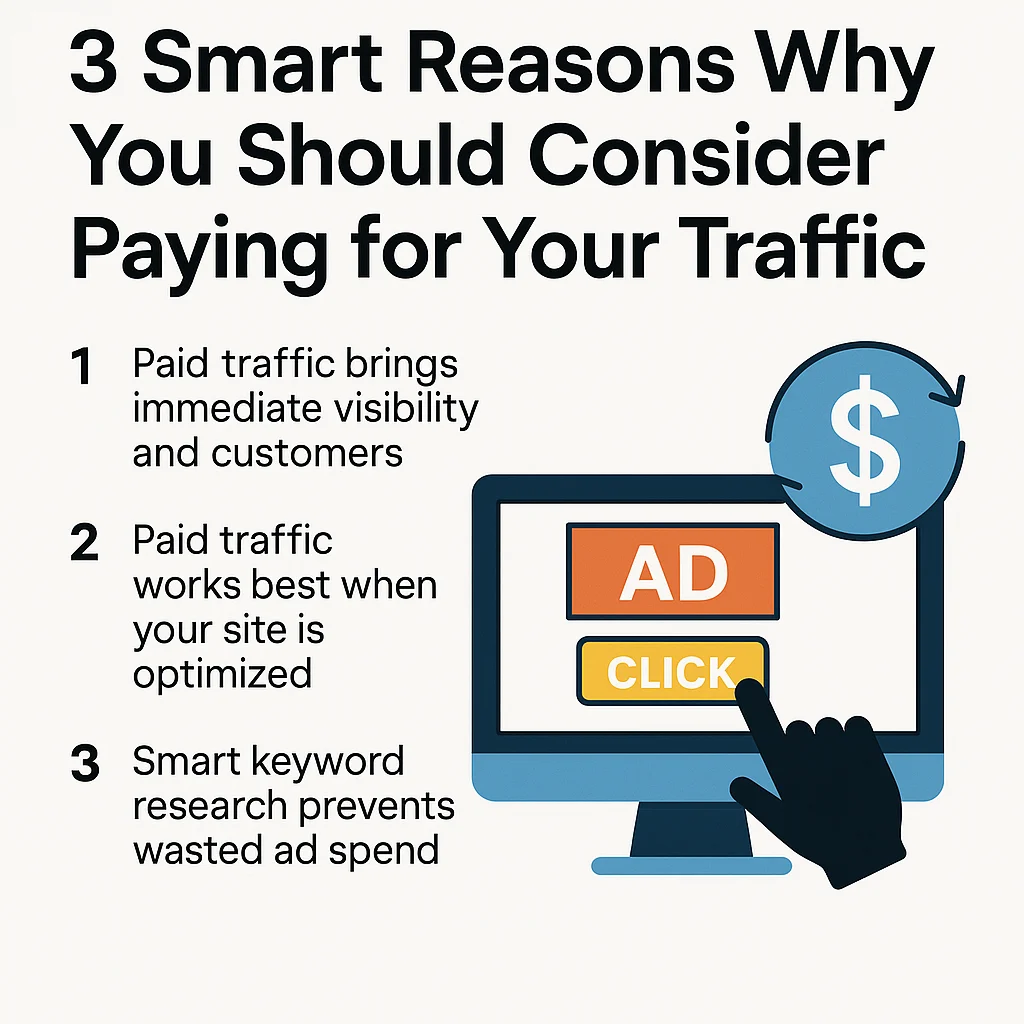 Paid traffic infographic showing an ad click and three considerations: immediate visibility, website optimization, and keyword research to reduce wasted spend.